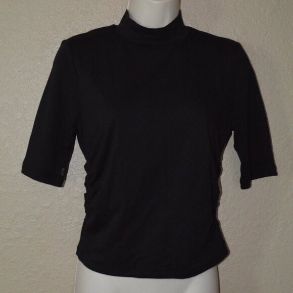 Sz S/M ATM Black Short Sleeve Ruched Sides Mock Neck Stretchy Shirt Top Tee - Picture 1 of 6